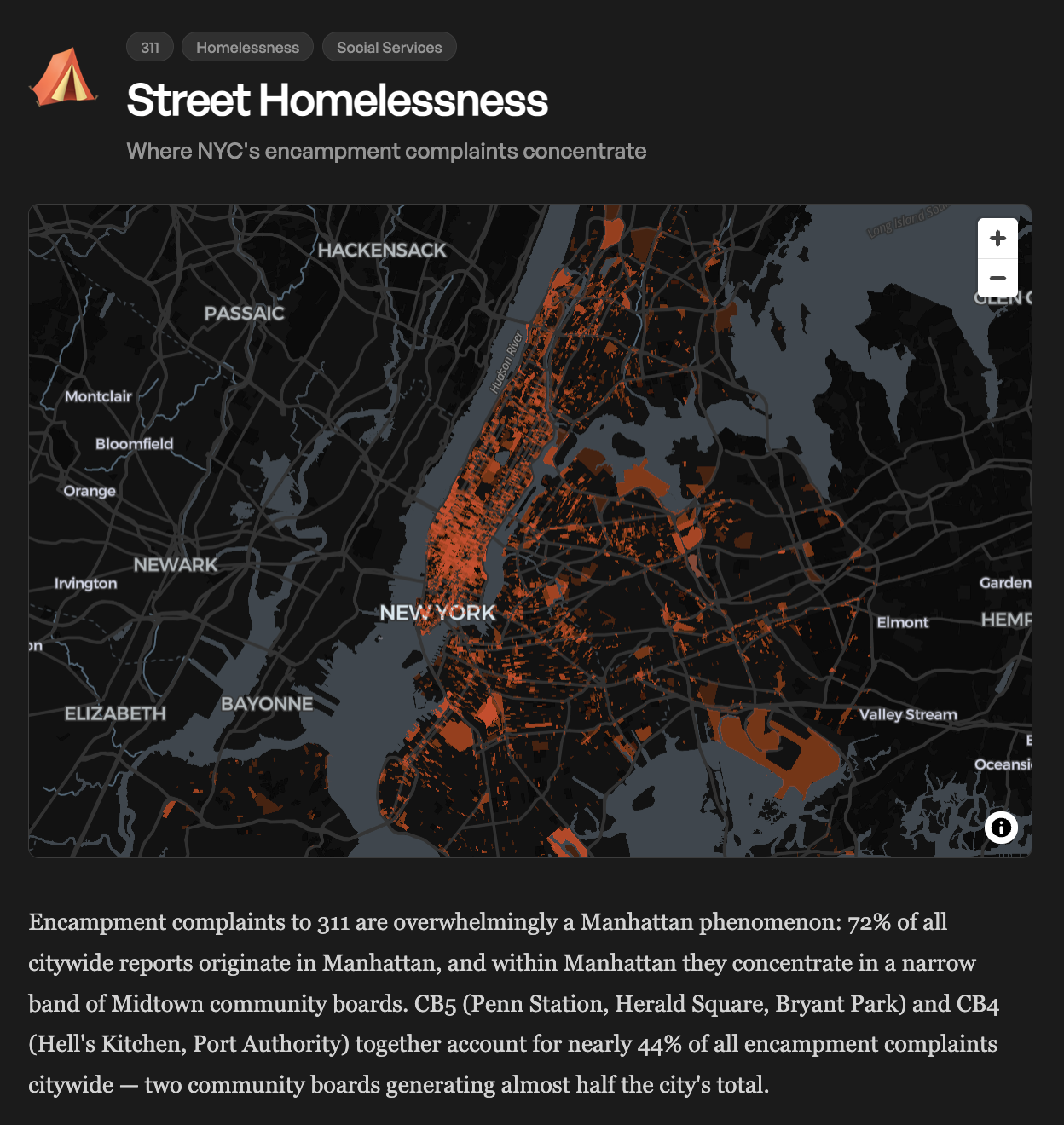 New York's Canvas — purple choropleth map of graffiti complaints