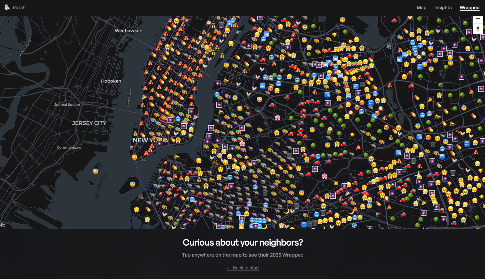 Wrapped emoji map showing complaint type icons across NYC neighborhoods